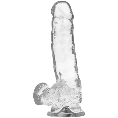 Dildo transparente com textura realista e base larga em fundo branco