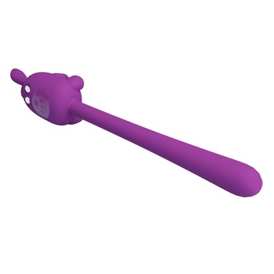 Objeto longo roxo com botões brancos e detalhe metálico, fundo branco