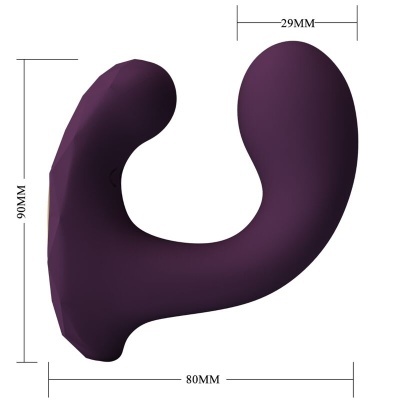 Produto em silicone roxo com formato ergonómico e medidas em milímetros