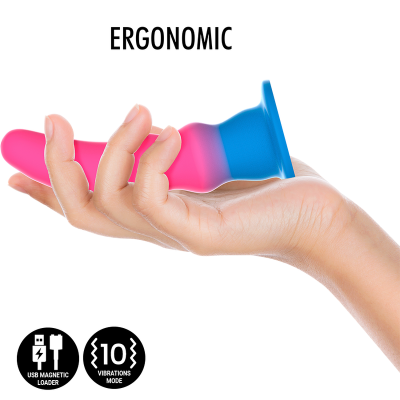 Produto ergonómico rosa e azul segurado por uma mão com texto e ícones informativos