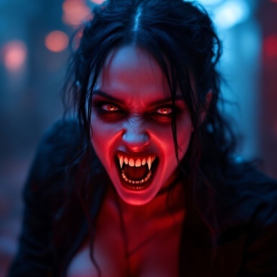 Mulher com dentes afiados e luz vermelha no rosto