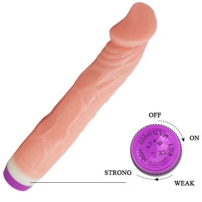 Produto sensual em cor pele com botão roxo com texto OFF, ON, WEAK, STRONG, HIGH, LOW, M/L TI-SPEED