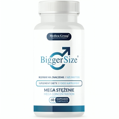 Frasco branco de suplemento dietético Bigger Size com texto em polaco e inglês
