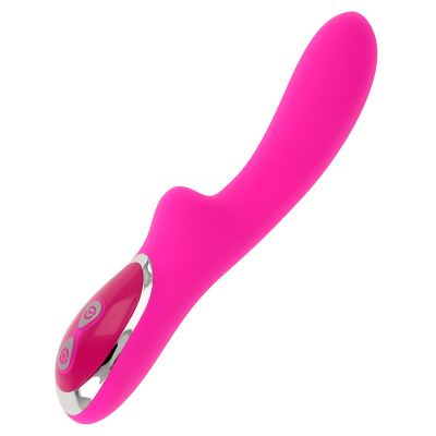 Vibrador cor-de-rosa com botões de controlo e detalhes prateados
