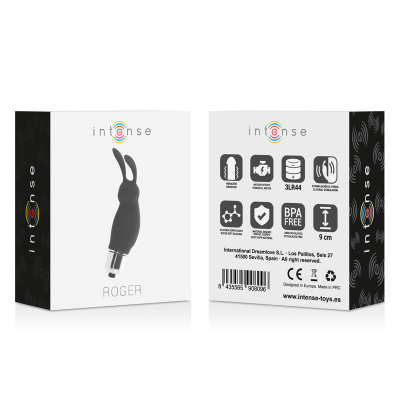 Embalagem de brinquedo sexual intenso ROGER preto com descrição das características