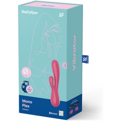 Embalagem azul e verde água de vibrador rosa Satisfyer Mono Flex com texto e ícones Bluetooth