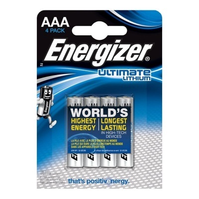 Pack de 4 pilhas AAA Energizer Ultimate Lithium com embalagem preta, branca e azul