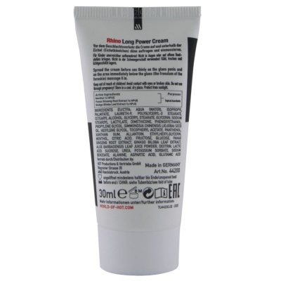 Tubo branco de creme Rhino Long Power Cream com texto em inglês e alemão na embalagem traseira
