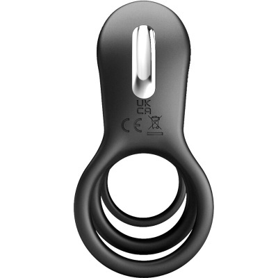 anel masculino preto com três anéis conectados e parte metálica prateada no topo