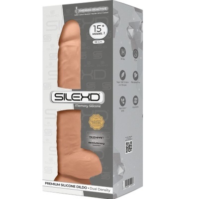 Dildo de silicone premium cor pele na caixa da marca SileXD