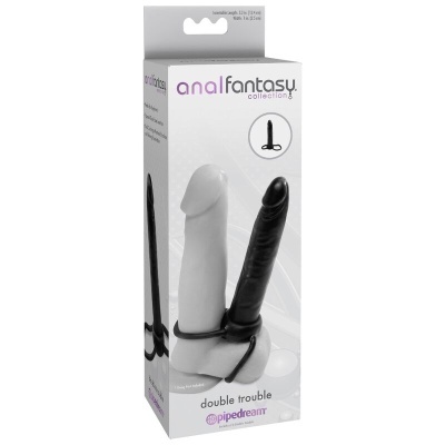 Embalagem do acessório anal double trouble da anal fantasy com dois estimuladores, preto e branco.