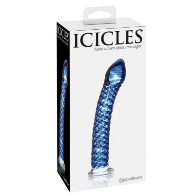 Caixa branca com massageador de vidro azul texturizado da marca ICICLES