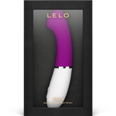 Vibrador LELO GIGI 3 roxo com base branca na caixa preta