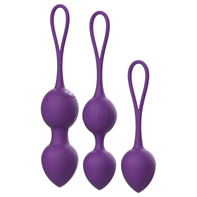 Bolas Kegel roxas de silicone com alças em fundo branco