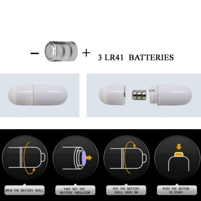Dispositivo em formato de cápsula branca com três pilhas LR41 e instruções de uso em inglês