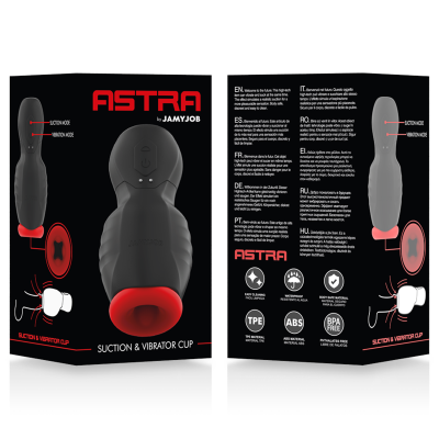 Embalagem preta com imagens do aparelho cinza com vermelho e texto explicativo do produto ASTRA by JAMYJOB