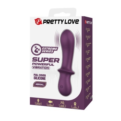 Embalagem de vibrador Pretty Love silicone roxo com texto e ícones