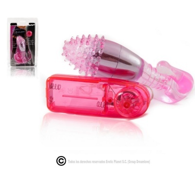 Mini vibrador cor-de-rosa translúcido com controlador e embalagem preta com texto