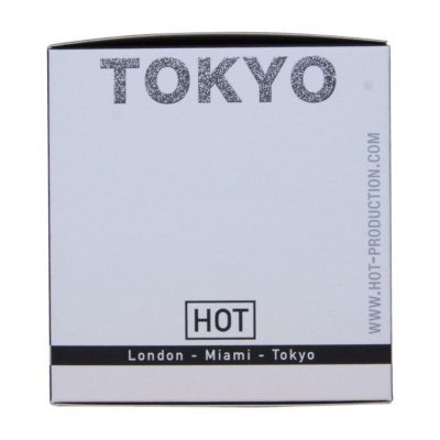 Caixa branca com texto TOKYO prateado e palavras HOT, London - Miami - Tokyo e website oficial.
