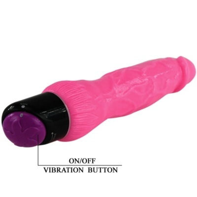 Vibrador rosa com botão de vibração roxo e texto ON/OFF VIBRATION BUTTON