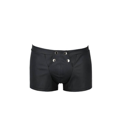 Cueca preta de couro sintético com fecho frontal de botões metálicos