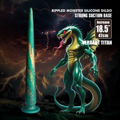Dildo de silicone verde com padrão escamoso e dragão verde musculado com olhos vermelhos