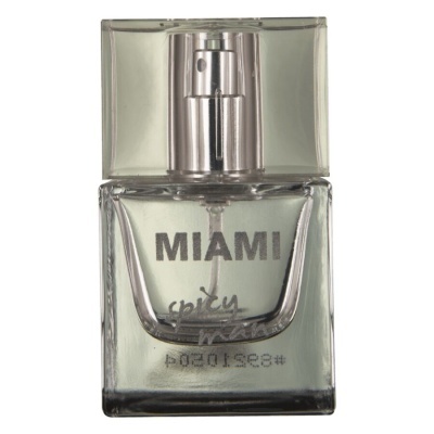 Frasco de perfume Miami spicy man num frasco de vidro transparente com tampa quadrada.