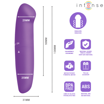 Vibrador roxo com dimensões e ícones de características do produto