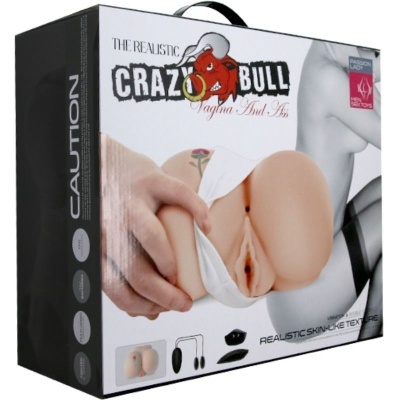 Embalagem com prótese realista cor de pele com texto 'The Realistic Crazy Bull'