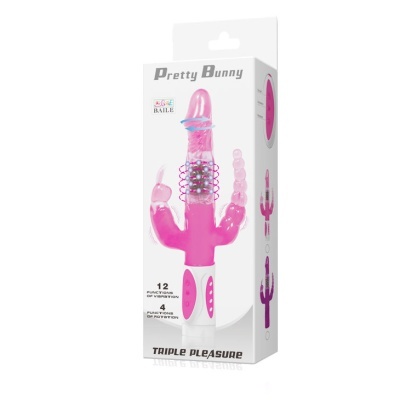 Vibrador rosa Pretty Bunny em embalagem branca com textos e várias funções descritas