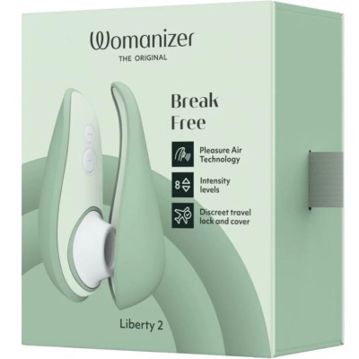 Caixa do produto Womanizer Liberty 2 verde claro com texto e ícones informativos
