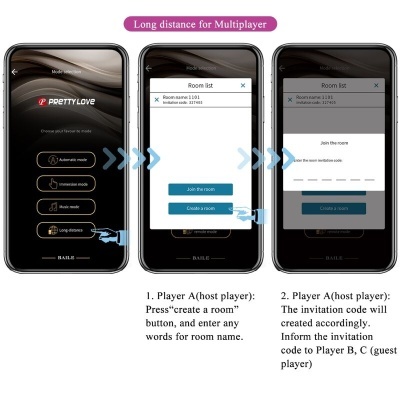 Ecrãs de smartphone com interface da aplicação PRETTY LOVE para modo multiplayer Long distance