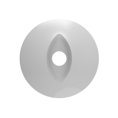 Objeto redondo branco com cavidade em forma de olho e orifício circular no centro