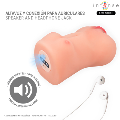 Dispositivo adulto em forma de torso feminino com conector e auscultadores brancos ao lado