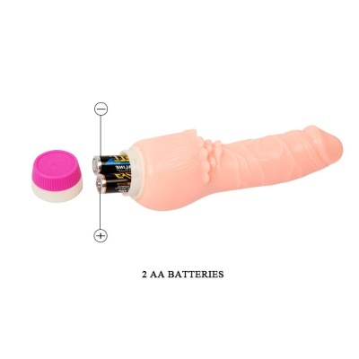 Vibrador em forma de pénis cor de pele com tampa rosa e branca e pilhas AA visíveis