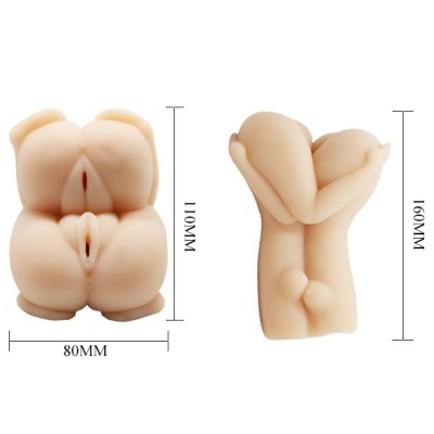 Dispositivo de silicone cor pele representando partes do corpo humano, com medidas indicadas.
