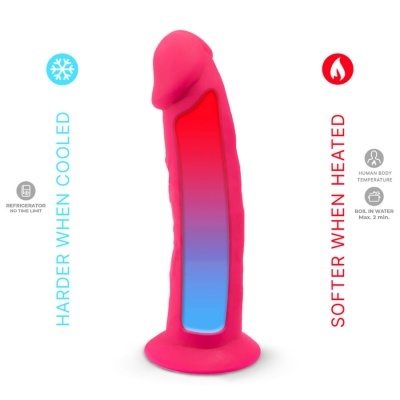 Sex toy rosa com base de ventosa e indicações de temperatura