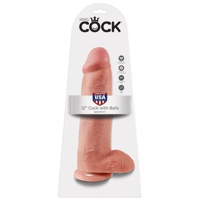 Penis de silicone cor de pele com base ventosa e testículos na embalagem branca