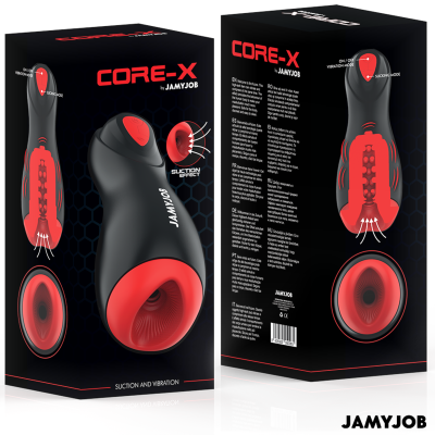 Embalagem preta e vermelha do dispositivo CORE-X da JAMYJOB com texto e imagens do produto.
