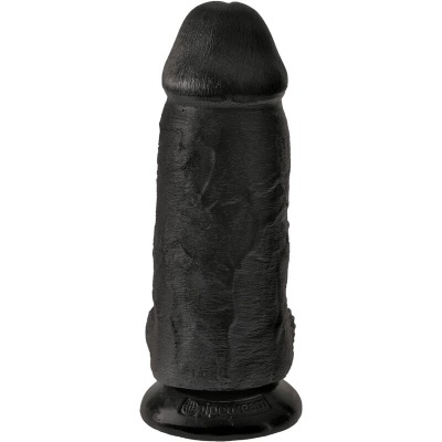 Dildo preto com textura detalhada e base circular com logo