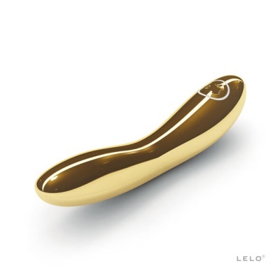 vibrador dourado curvo com logo LELO