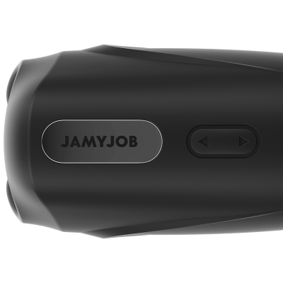 Dispositivo preto com texto JAMYJOB e dois botões de controlo