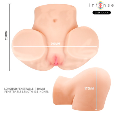 Torso adulto cor bege com detalhes e dimensões visíveis, produto íntimo em fundo branco