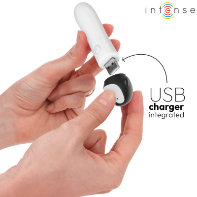 Dispositivo branco com carregador USB integrado negro e logotipo 'intense'