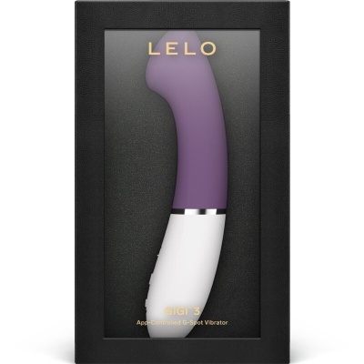 Vibrador Gigi 3 LELO roxo e branco em caixa preta com tampa transparente