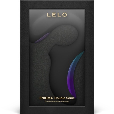 Massajador LELO ENIGMA Double Sonic preto com detalhes roxo e azul na embalagem preta