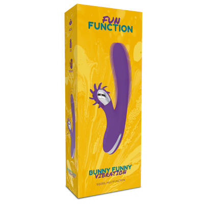 Embalagem amarela com vibrador roxo e acessórios, texto FUN FUNCTION e BUNNY FUNNY VIBRATION