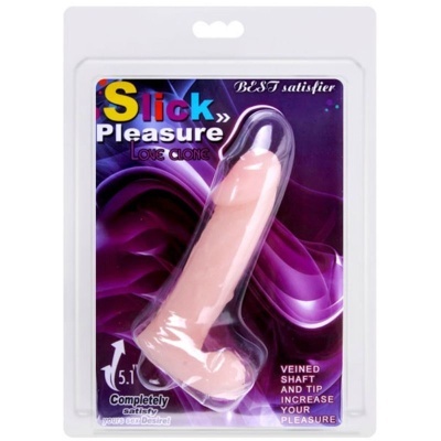 Dildo tom pele em embalagem com texto Slick Pleasure Love Clone e detalhes em roxo