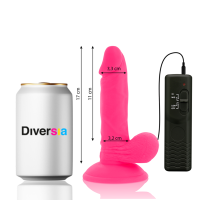 Vibrador cor-de-rosa com ventosa e controle remoto ao lado de lata branca Diversia.