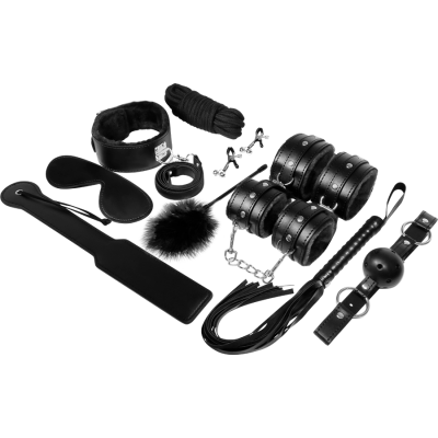 Conjunto de acessórios BDSM pretos em couro e metal com diferentes texturas
